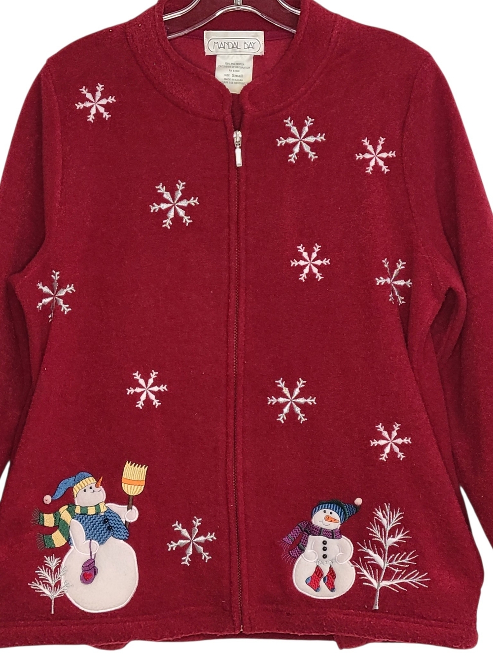 VTG Mandal Bay Christmas Snowman Fleece Zip Jacket Small Red Snowflakes